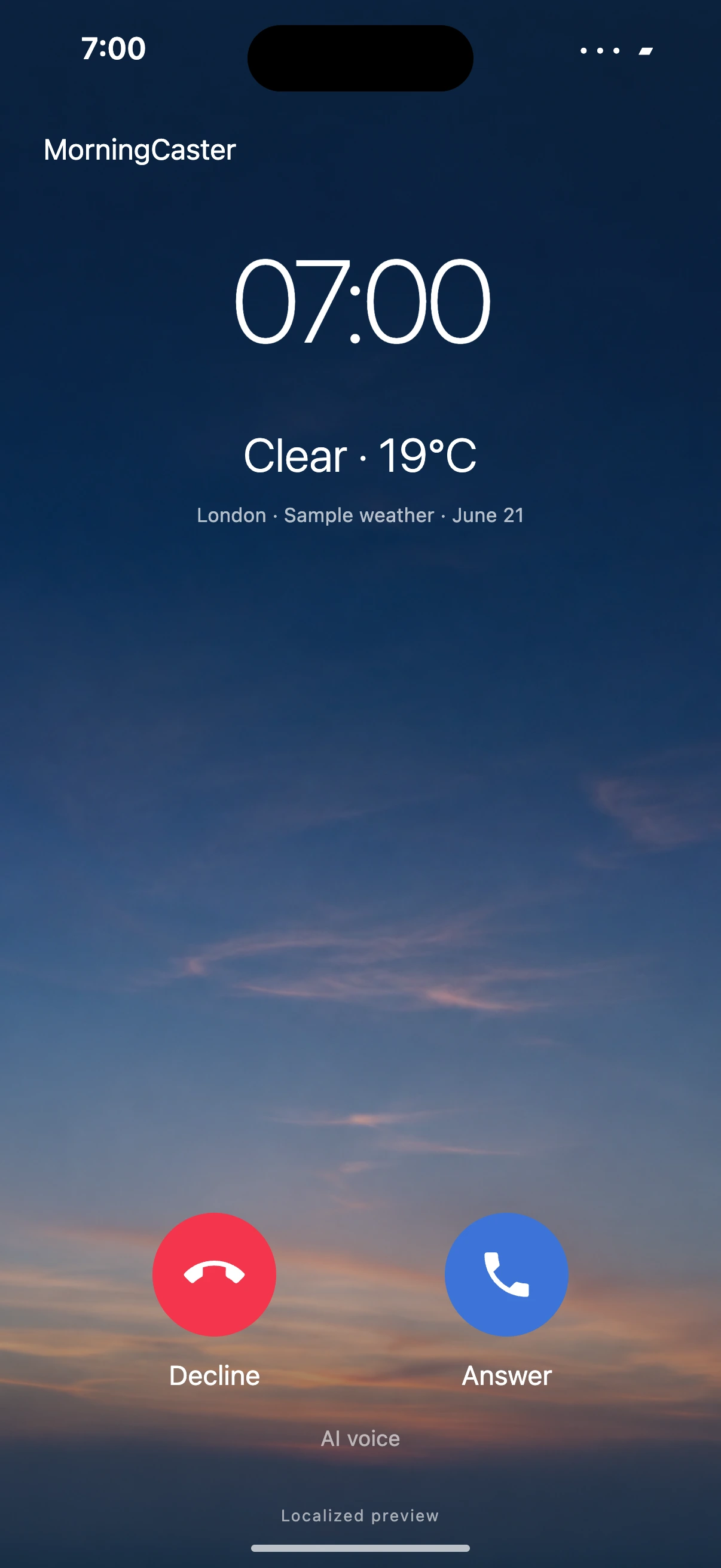 MorningCaster weather wake-up introduction screen