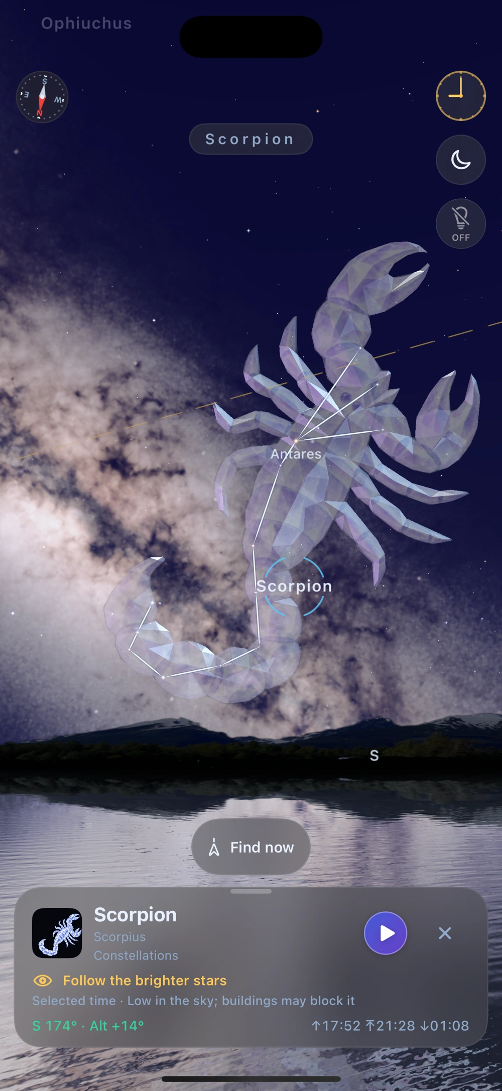 Starlyra showing Scorpius and its position in the sky